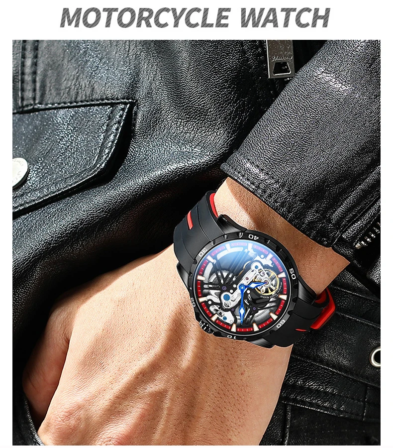 Night Rider: Men’s Automatic Skeleton Motorcycle Watch with Luminous Hands & Sport Design