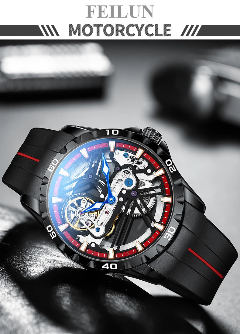 Night Rider: Men’s Automatic Skeleton Motorcycle Watch with Luminous Hands & Sport Design