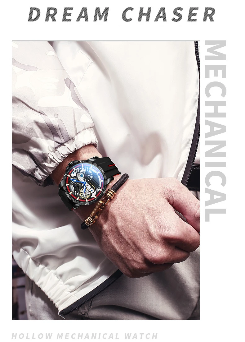 Night Rider: Men’s Automatic Skeleton Motorcycle Watch with Luminous Hands & Sport Design