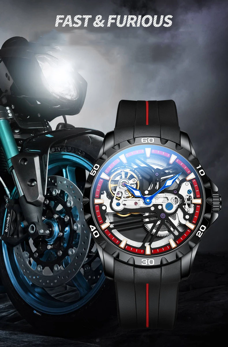 Night Rider: Men’s Automatic Skeleton Motorcycle Watch with Luminous Hands & Sport Design