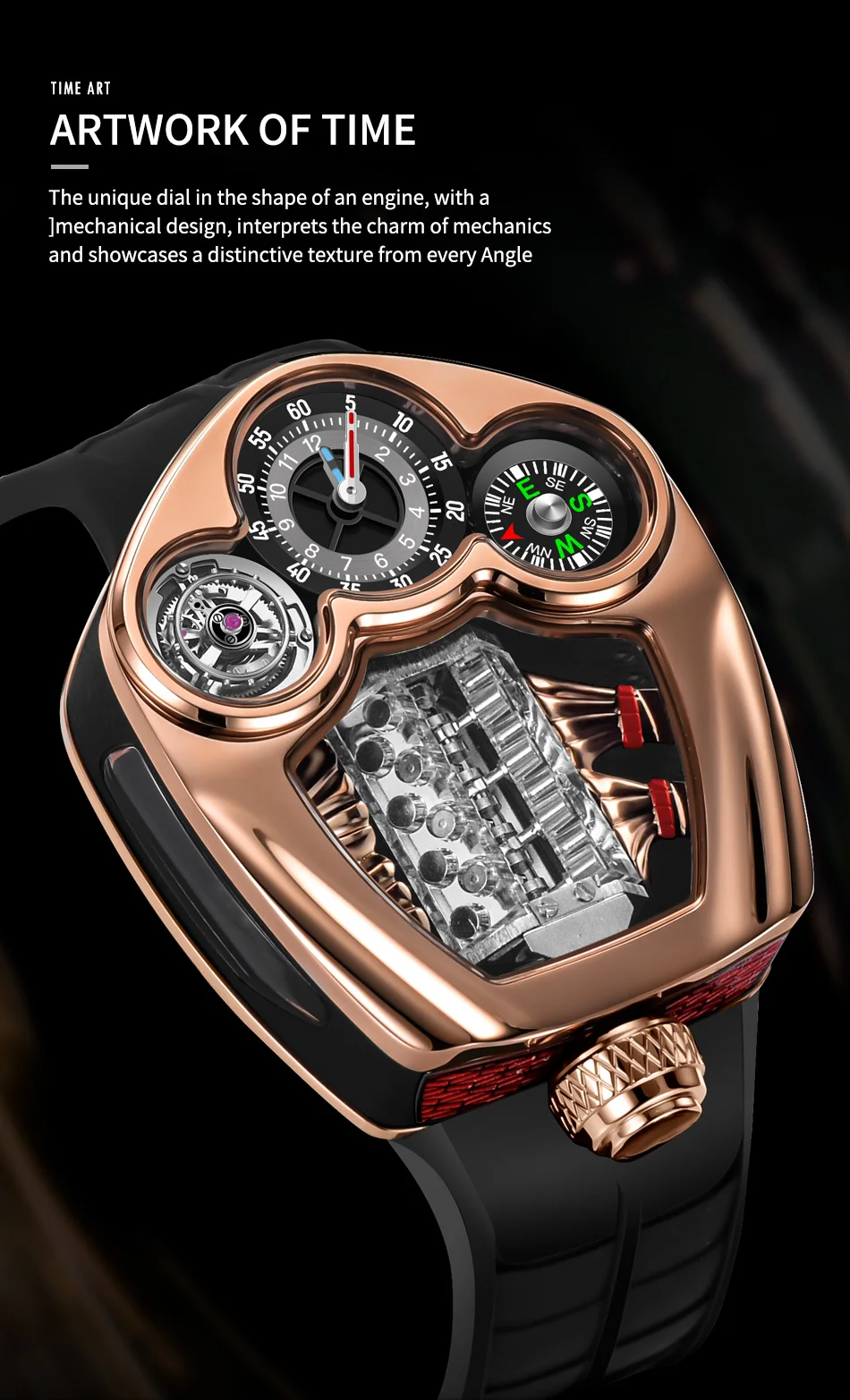 PistonFire Engine Dial Watch – Men's Quartz Timepiece with Moving Pistons & Automotive Spirit