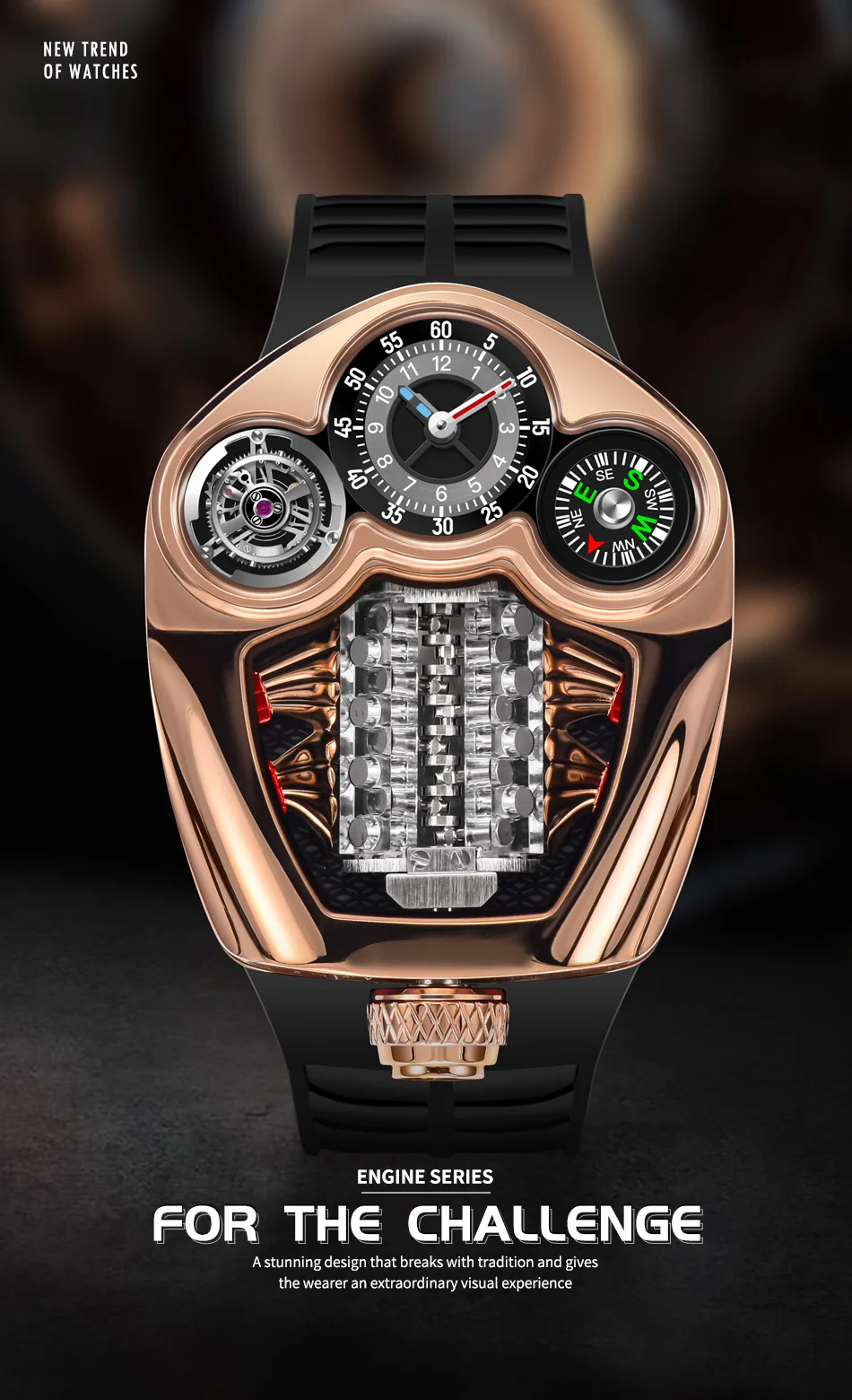 PistonFire Engine Dial Watch – Men's Quartz Timepiece with Moving Pistons & Automotive Spirit