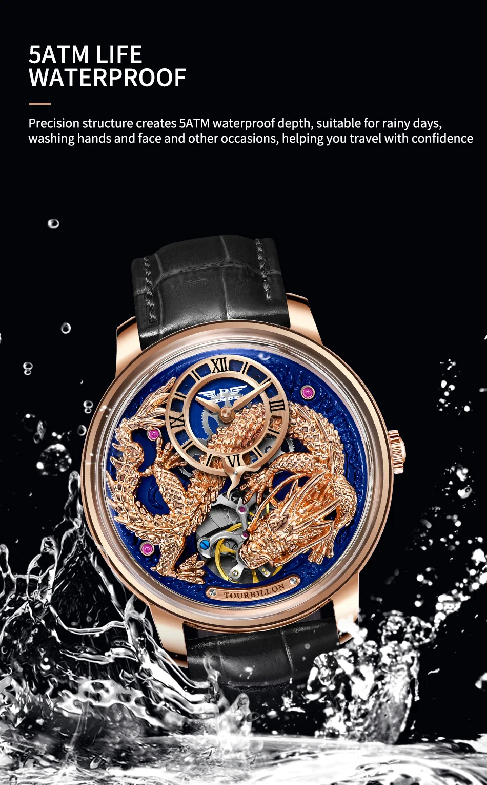 Imperial Dragon Automatic Skeleton Watch for Men – Luxury Timepiece with Golden Dragon & Sapphire Crysta